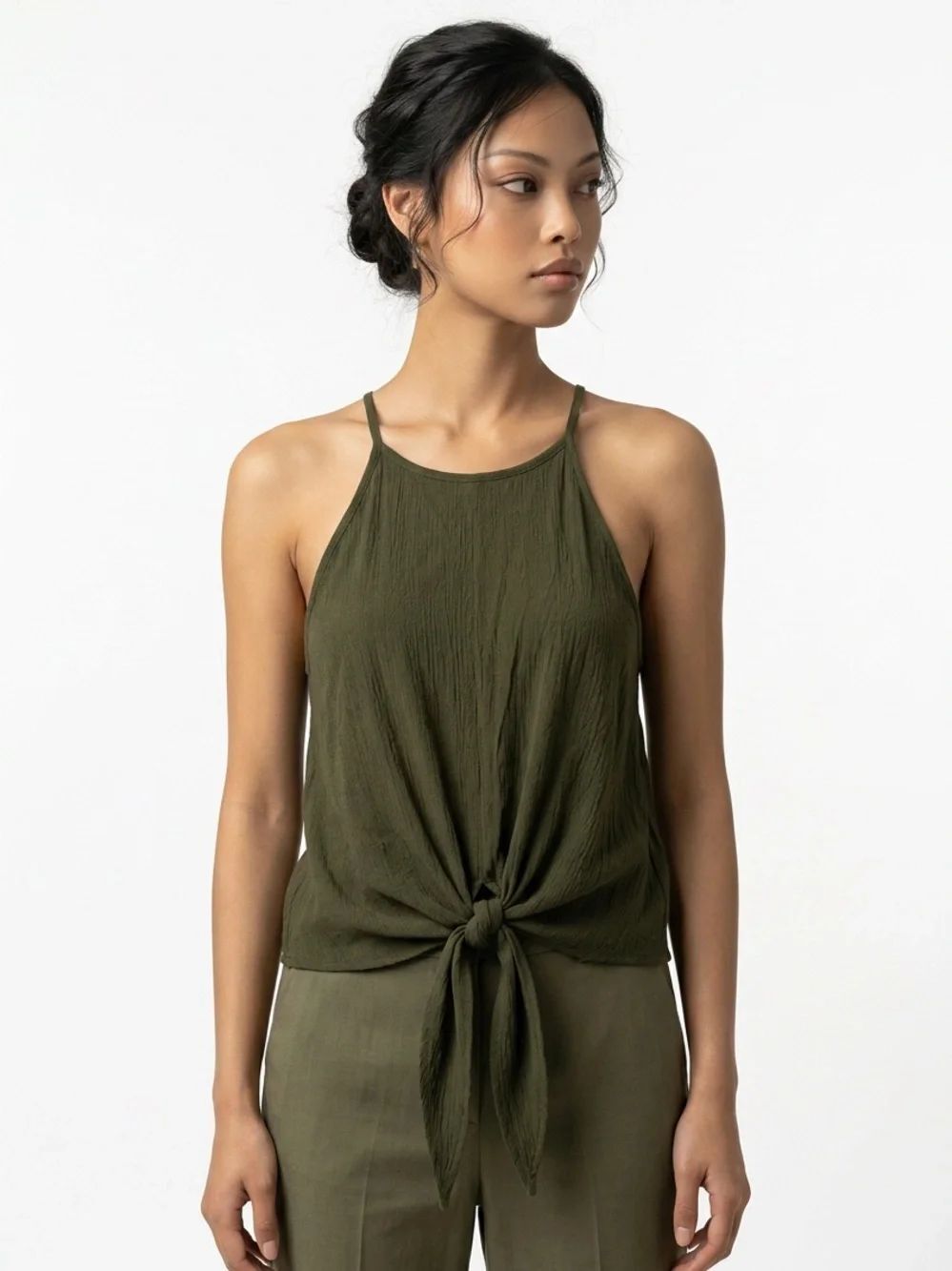 ENTRO | Olive Green Crepe Tie-Front Halter Tank Top Women’s Size Medium